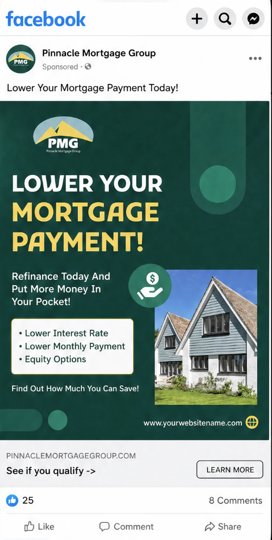 Mockup of a compliant mortgage ad with no triggering terms, including NMLS identifier and Equal Housing marking