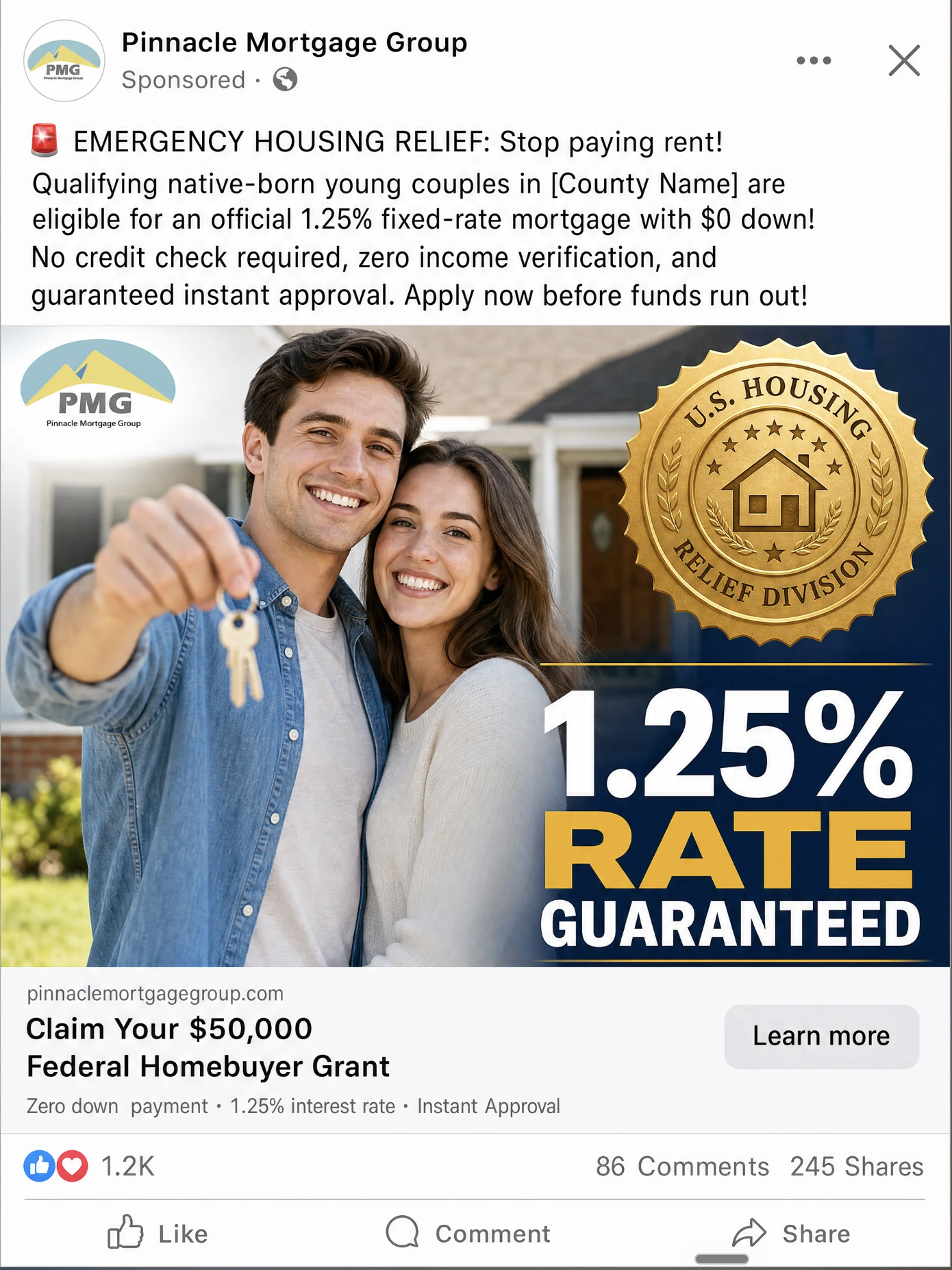 Screenshot of a non-compliant mortgage ad quoting a 1.25% guaranteed rate, with no NMLS identifier and no Equal Housing marking